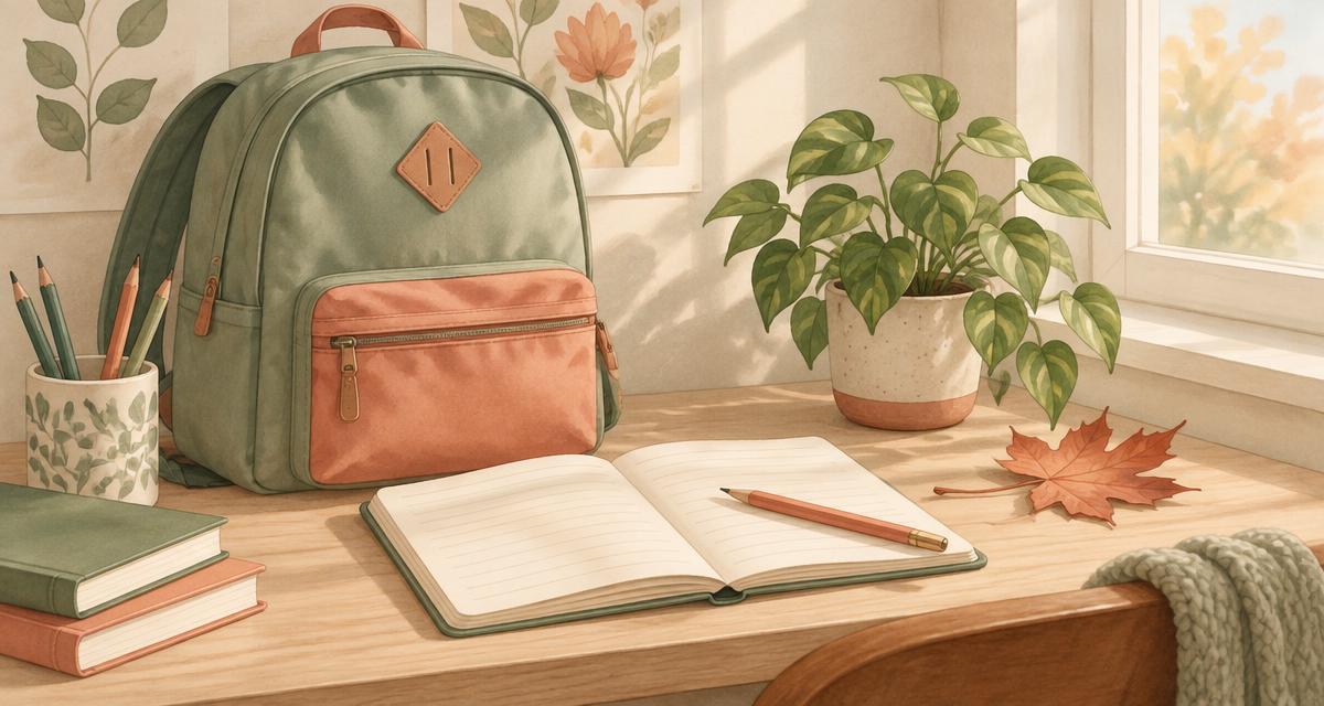 Illustration of a school backpack, pencils, an open notebook, and an autumn leaf on a sunlit desk