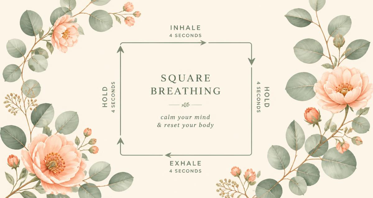 Botanical illustration of a square breathing diagram showing inhale, hold, exhale, and hold for four seconds each