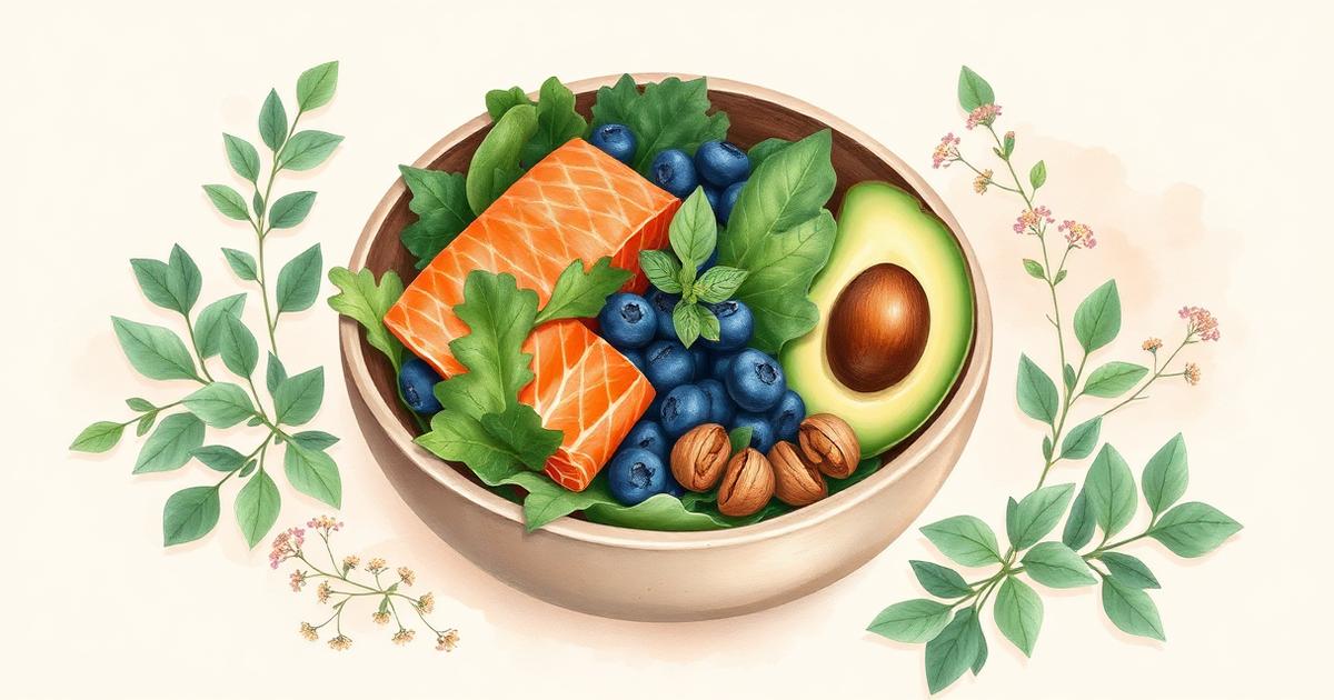 Botanical illustration of a bowl of leafy greens, salmon, blueberries, walnuts, and avocado surrounded by eucalyptus