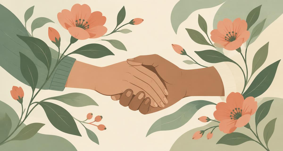 Botanical illustration of two hands clasped in supportive conversation, surrounded by sage leaves and coral flowers