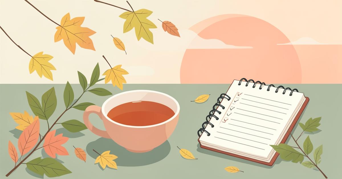 Botanical autumn illustration of a warm cup of tea, a journal with a checklist, and falling leaves at sunrise