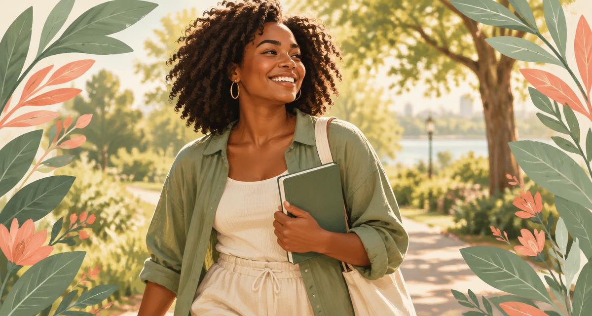 Smiling Black woman walking through a sunny park in Wake Forest, NC holding a journal, surrounded by sage and coral leaves